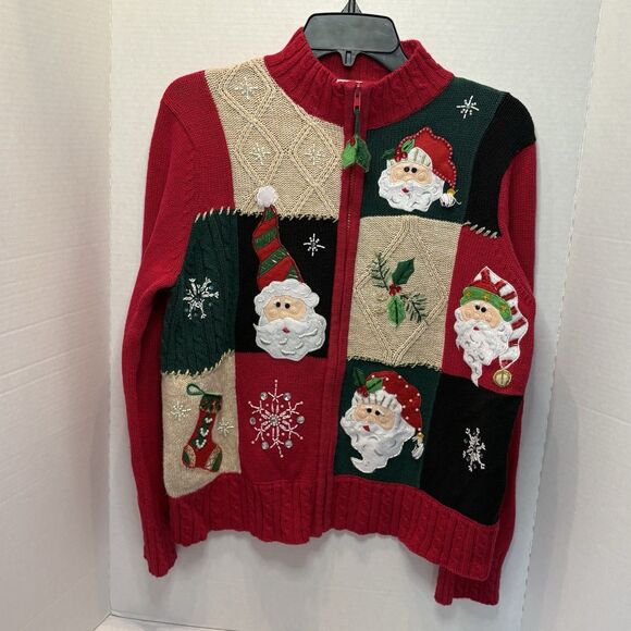 Tiara International Women's Santa Full Zip Cardigan Sweater Medium Red - Picture 1 of 8